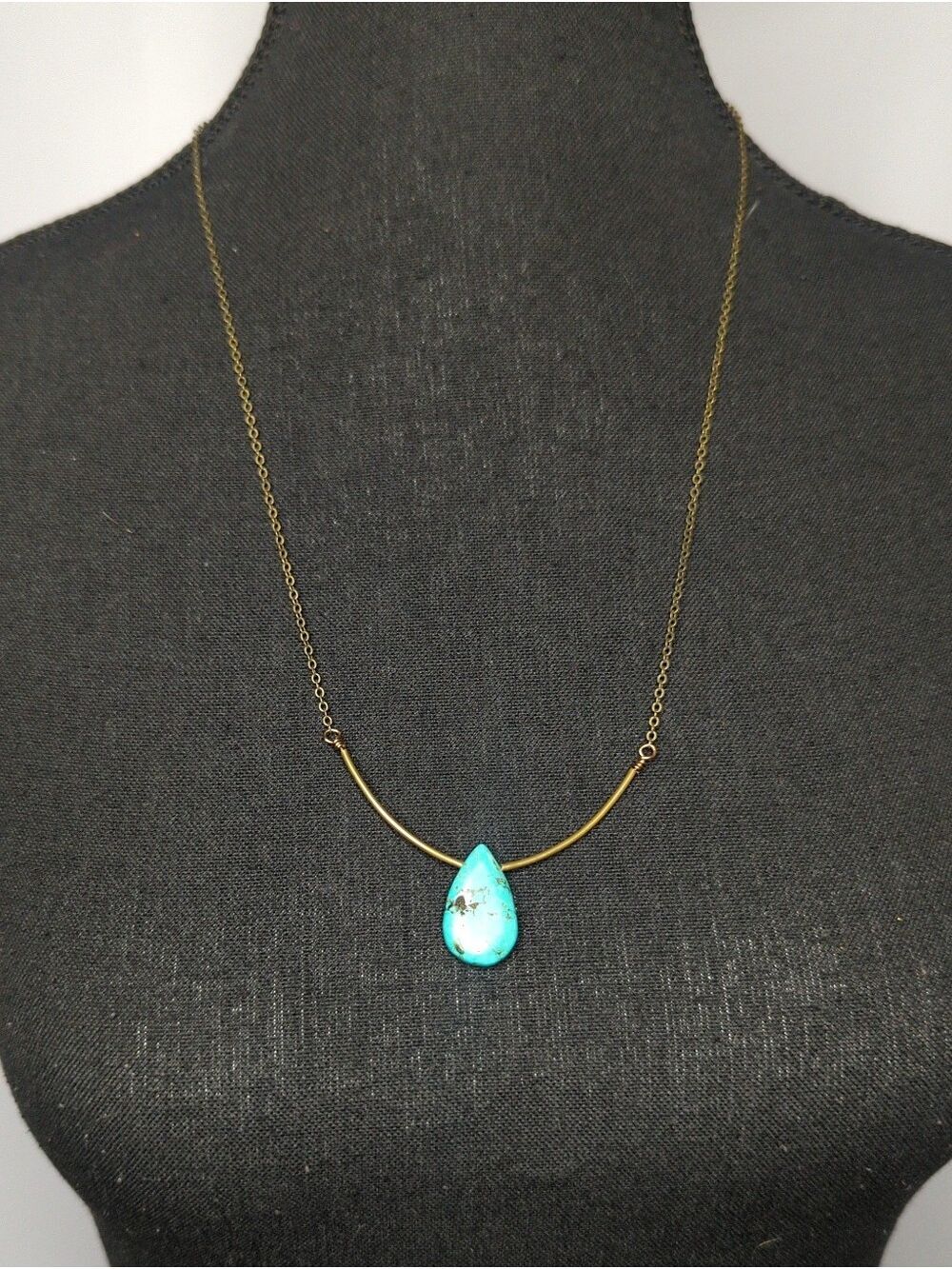 Boho Minimalist Genuine Turquoise Teardrop Curved Bar Necklace in Antique Brass